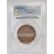AUSTRALIA 1933/2 . ONE 1 PENNY . VARIETY . OVERDATE . PCGS XF45